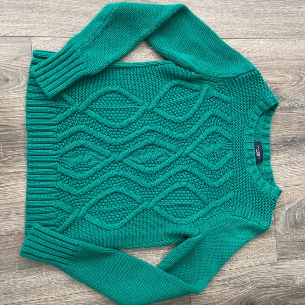Lands End Drifter Green Cable Knit Cotton Sweater Small 6-8 475878